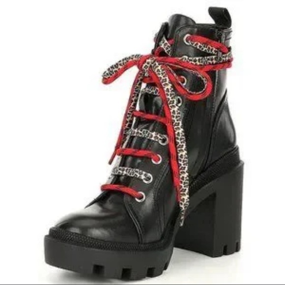 NEW Gianni Bini Ryedderr Leopard Block Heel Combat Boots BlackRed LaceUp 10 - Picture 16 of 16